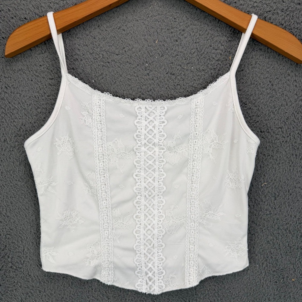 White Lace Mesh Corset Style Cami Crop Top Women Small‎ Adjustable Straps